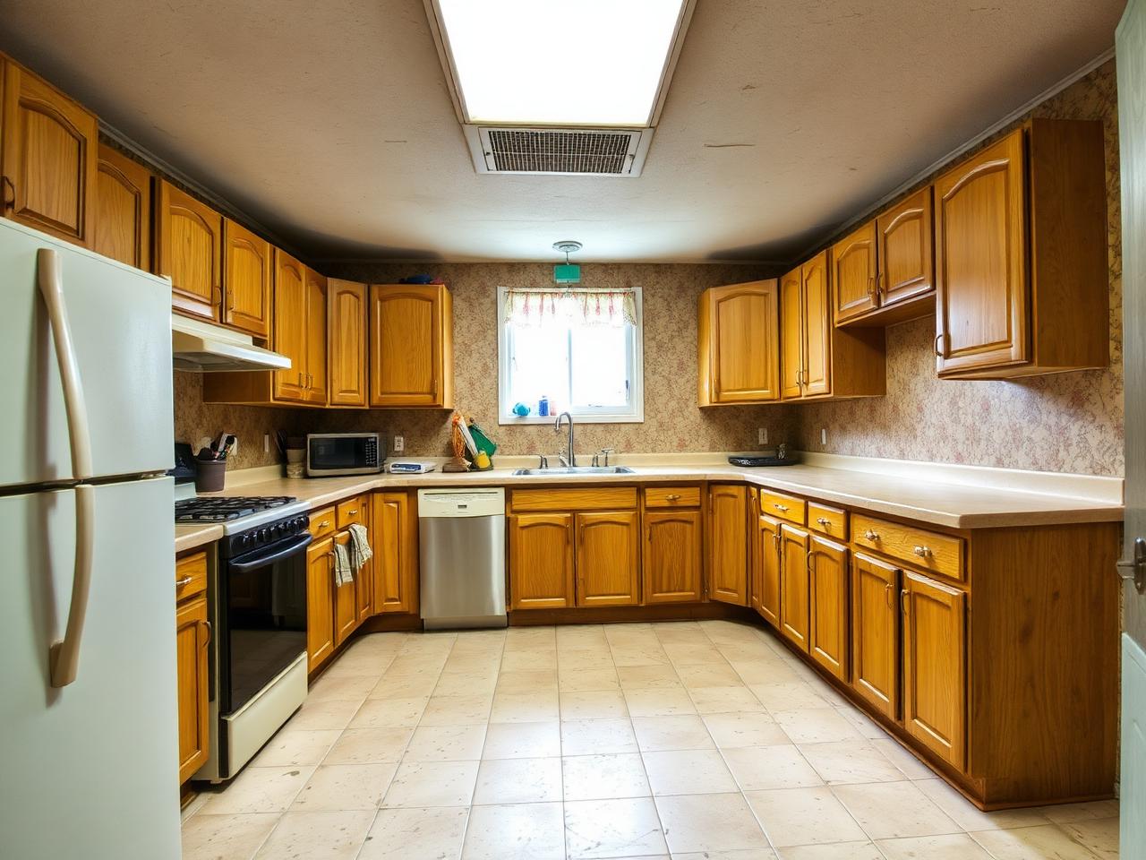 Original 1980s oak kitchen with laminate counters and dropped fluorescent ceiling