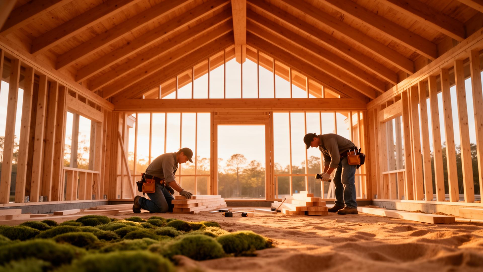 Jename crew framing a vaulted ceiling at golden hour