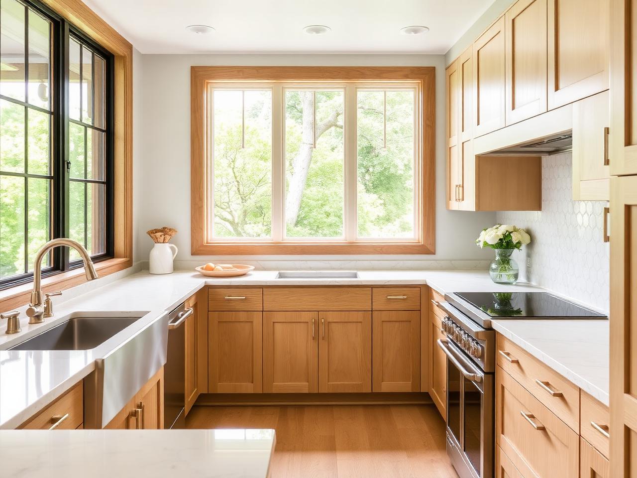 Finished modern craftsman kitchen with custom cabinetry and stone counters